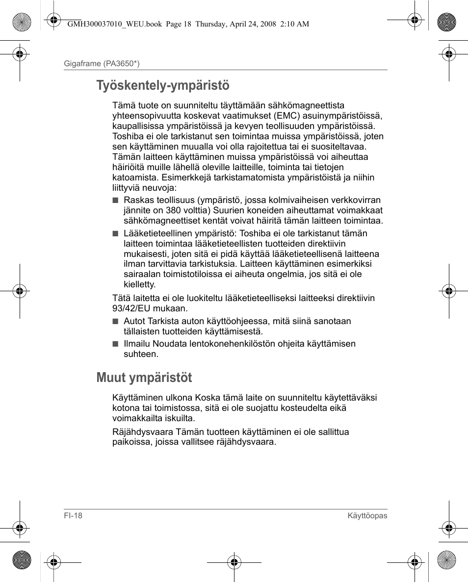 Työskentely-ympäristö, Muut ympäristöt | Toshiba Gigaframe Q-Series User Manual | Page 218 / 220