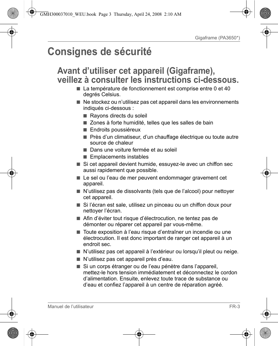 Consignes de sécurité | Toshiba Gigaframe Q-Series User Manual | Page 23 / 220