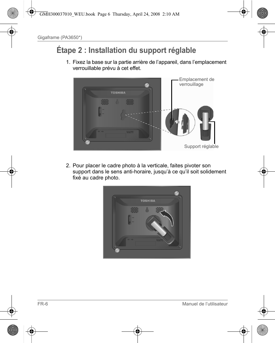 Étape 2 : installation du support réglable | Toshiba Gigaframe Q-Series User Manual | Page 26 / 220