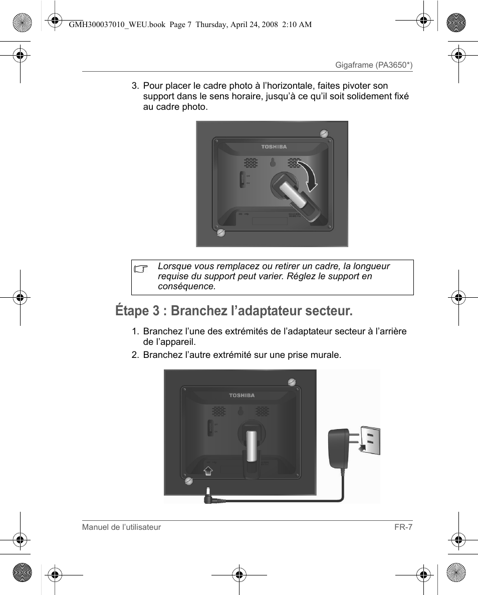 Étape 3 : branchez l’adaptateur secteur | Toshiba Gigaframe Q-Series User Manual | Page 27 / 220
