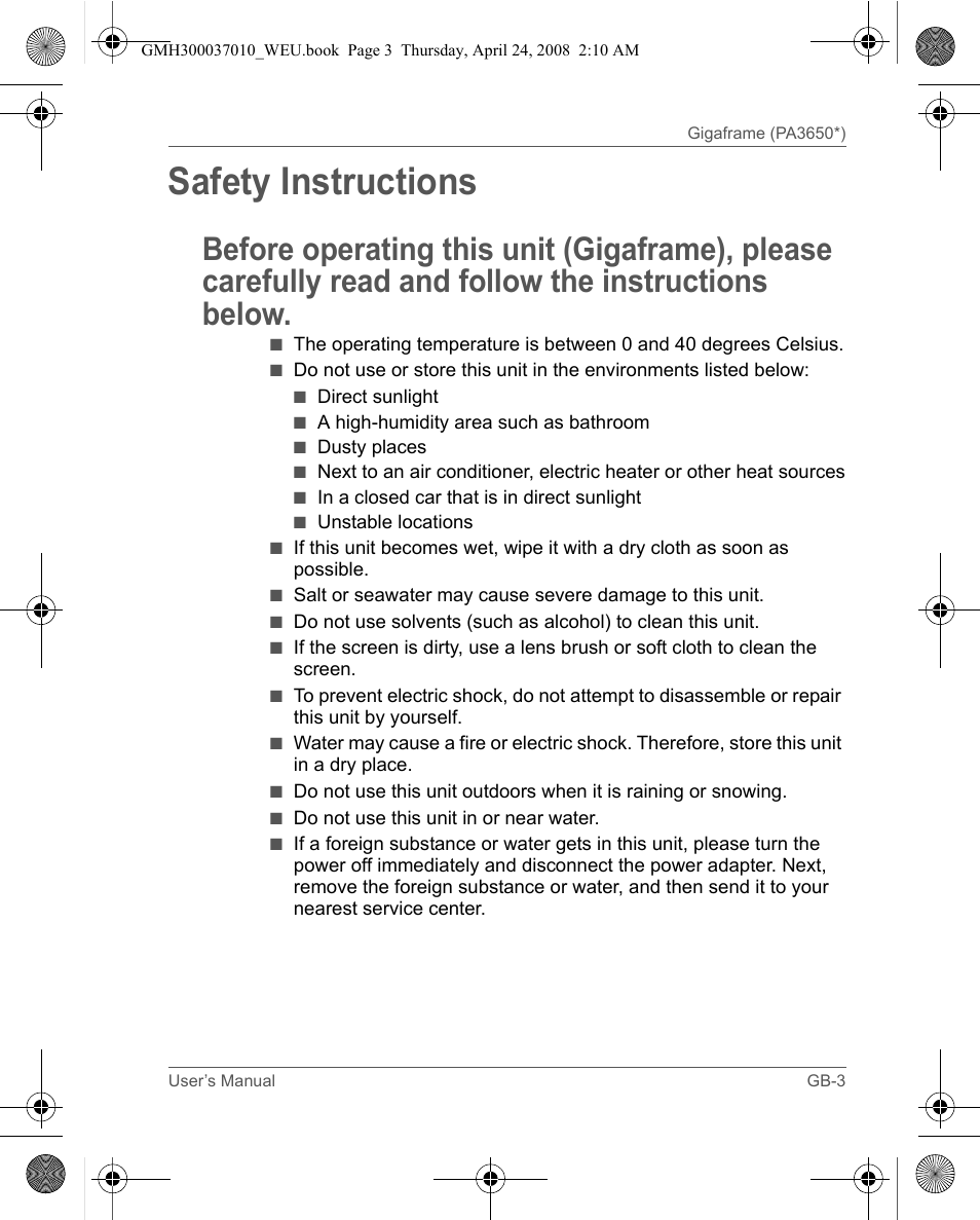 Safety instructions | Toshiba Gigaframe Q-Series User Manual | Page 3 / 220