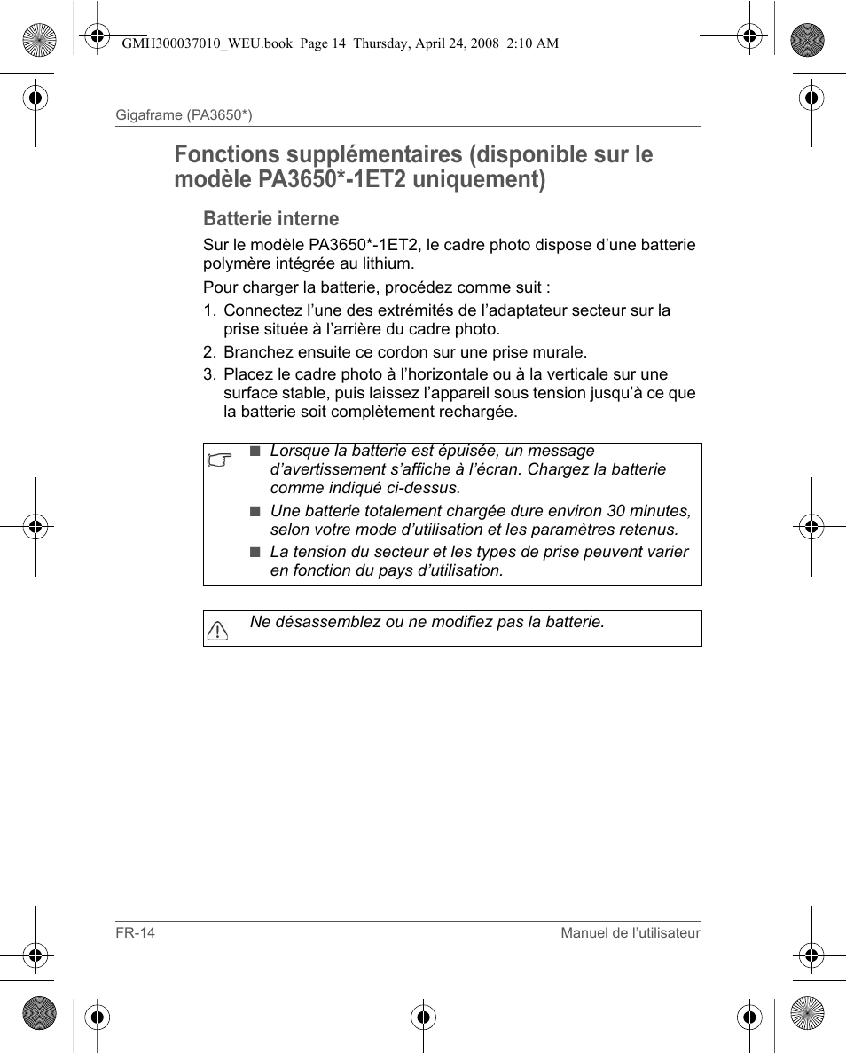 Batterie interne | Toshiba Gigaframe Q-Series User Manual | Page 34 / 220