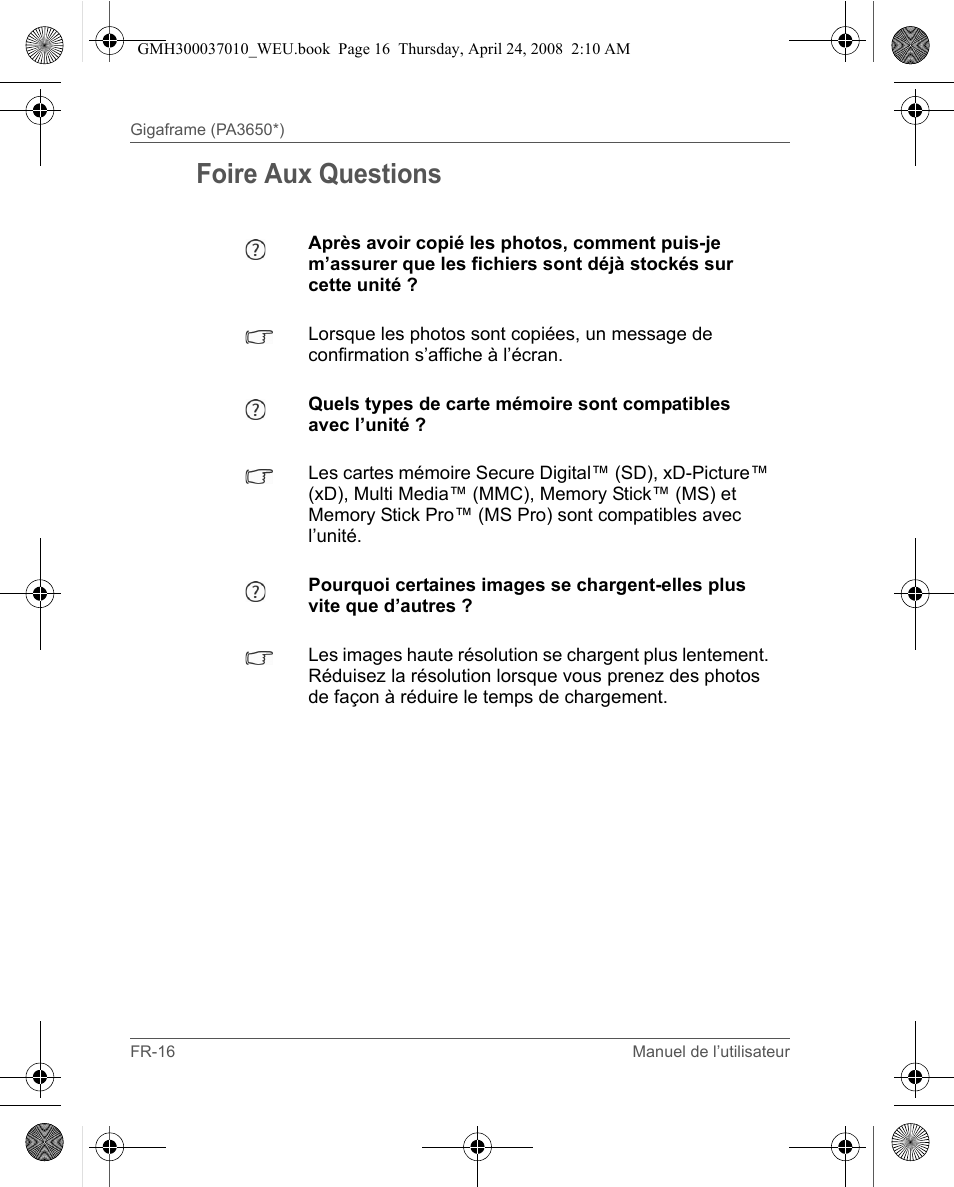 Foire aux questions | Toshiba Gigaframe Q-Series User Manual | Page 36 / 220