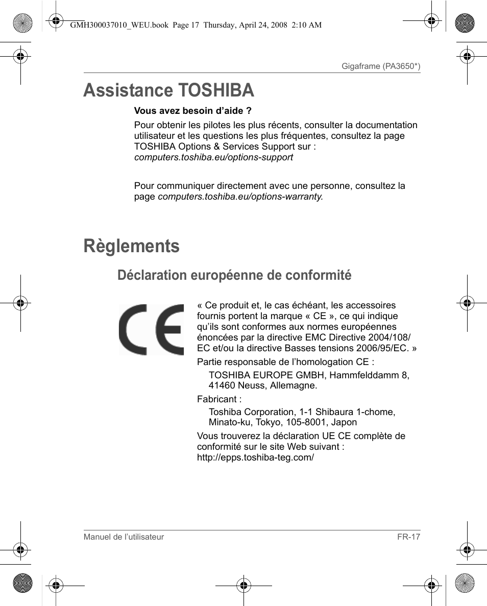 Assistance toshiba, Règlements, Déclaration européenne de conformité | Toshiba Gigaframe Q-Series User Manual | Page 37 / 220