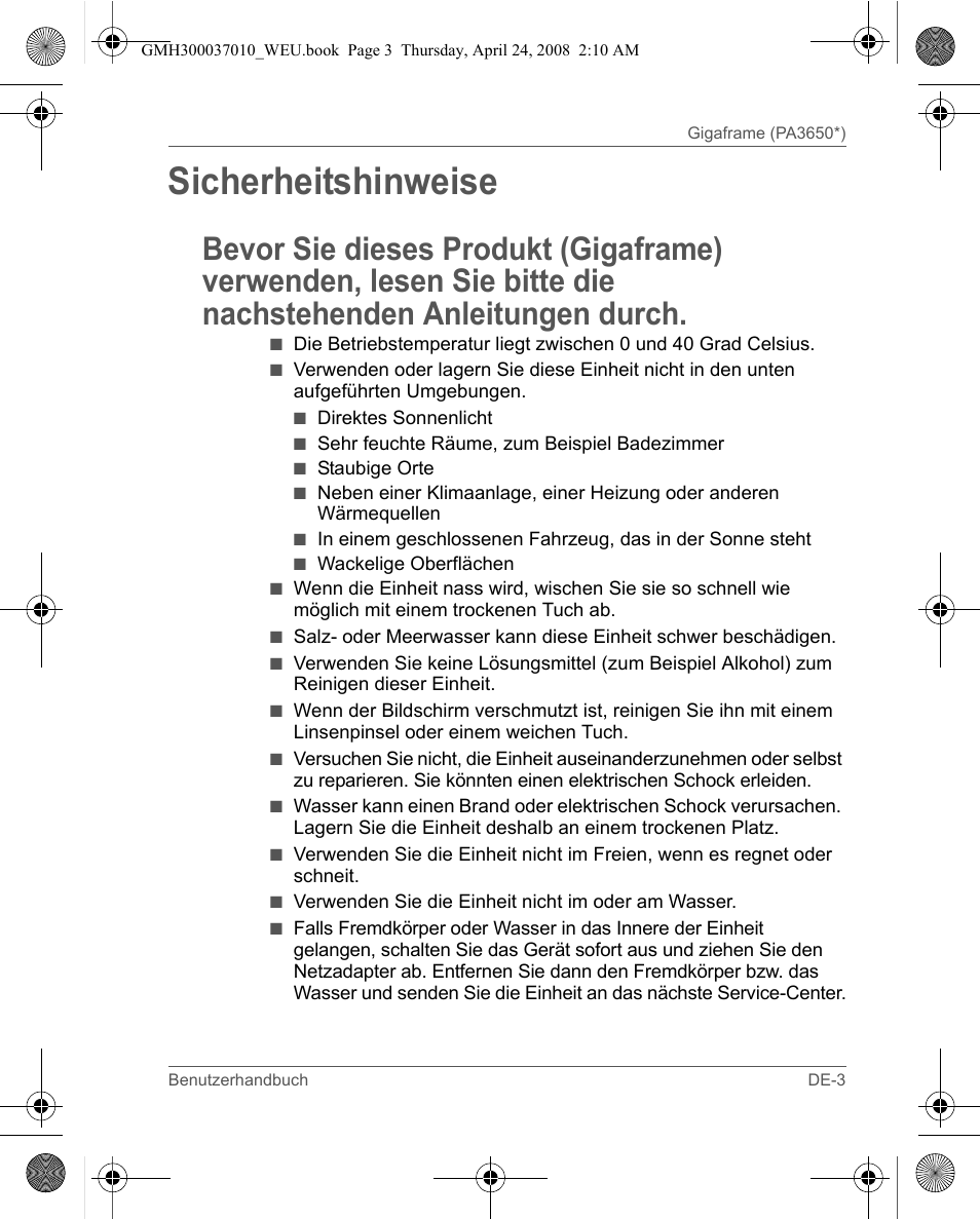 Sicherheitshinweise | Toshiba Gigaframe Q-Series User Manual | Page 43 / 220