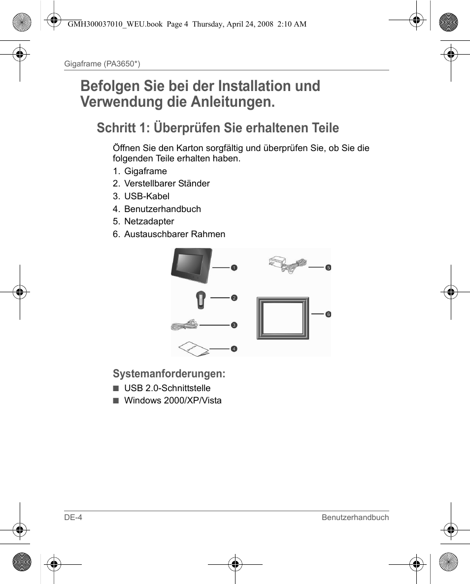 Schritt 1: überprüfen sie erhaltenen teile | Toshiba Gigaframe Q-Series User Manual | Page 44 / 220