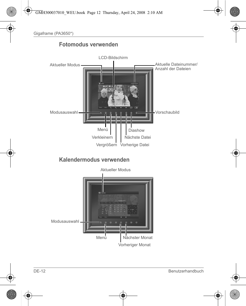 Fotomodus verwenden kalendermodus verwenden | Toshiba Gigaframe Q-Series User Manual | Page 52 / 220