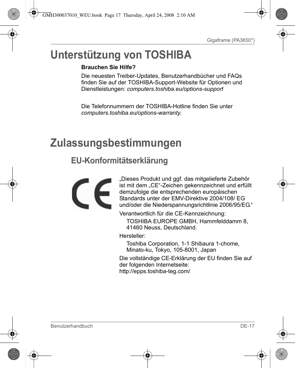 Unterstützung von toshiba, Zulassungsbestimmungen, Eu-konformitätserklärung | Toshiba Gigaframe Q-Series User Manual | Page 57 / 220