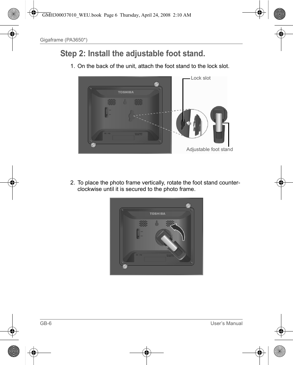 Step 2: install the adjustable foot stand | Toshiba Gigaframe Q-Series User Manual | Page 6 / 220