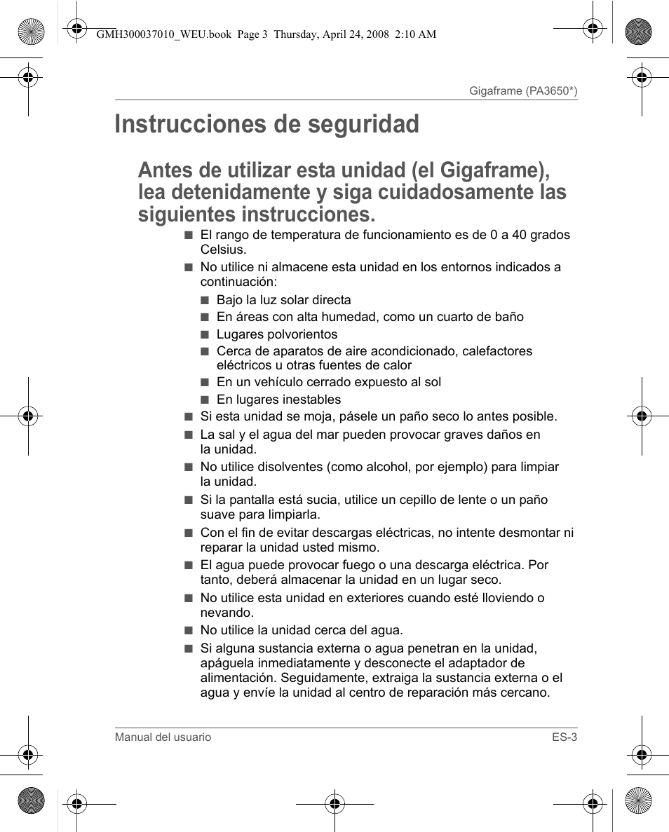Instrucciones de seguridad | Toshiba Gigaframe Q-Series User Manual | Page 63 / 220