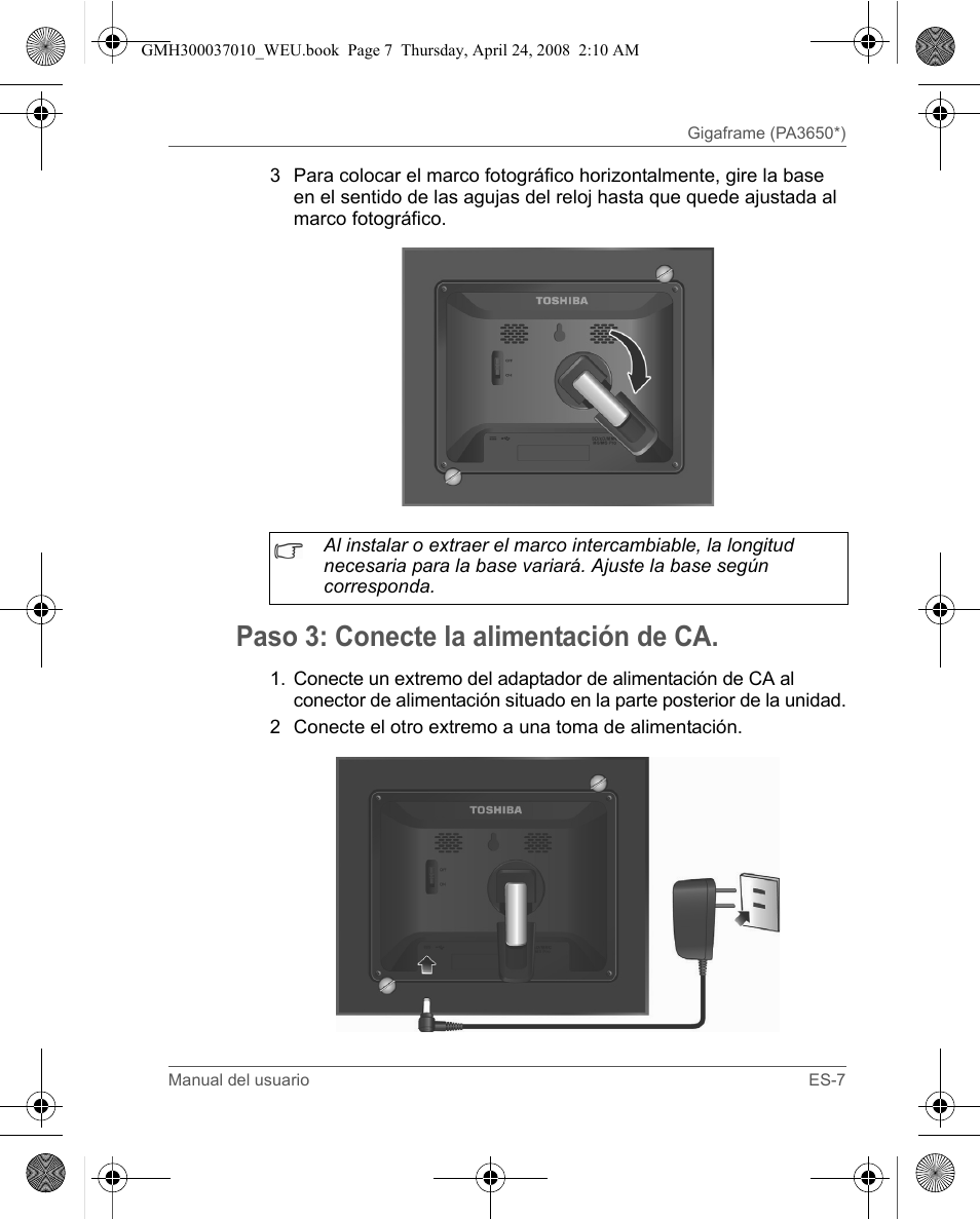 Paso 3: conecte la alimentación de ca | Toshiba Gigaframe Q-Series User Manual | Page 67 / 220