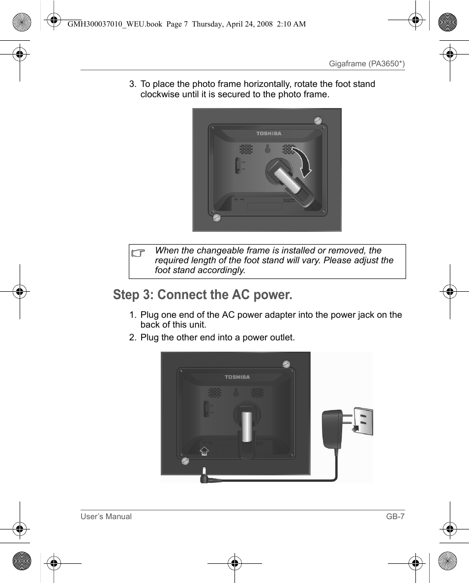 Step 3: connect the ac power | Toshiba Gigaframe Q-Series User Manual | Page 7 / 220