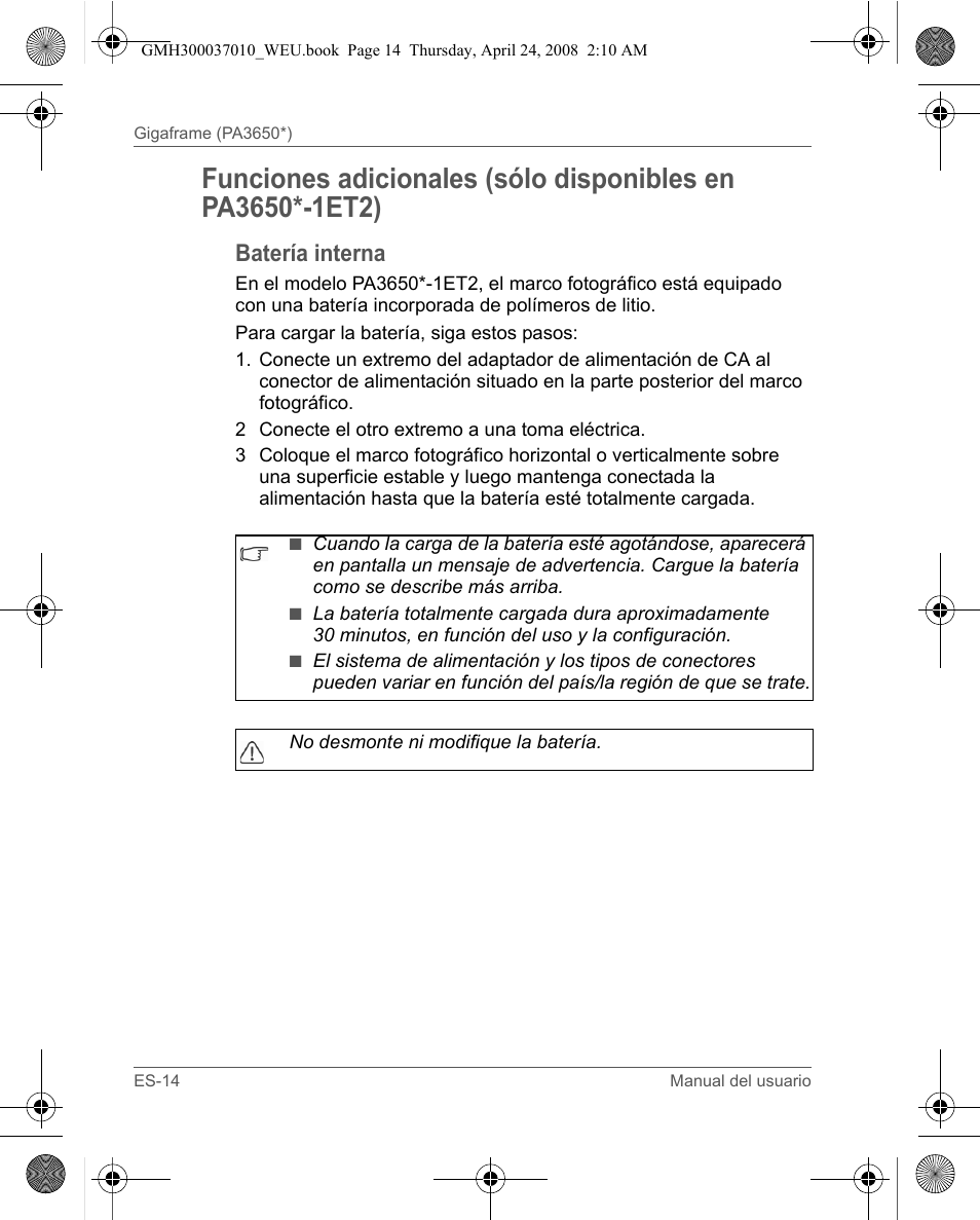 Batería interna | Toshiba Gigaframe Q-Series User Manual | Page 74 / 220