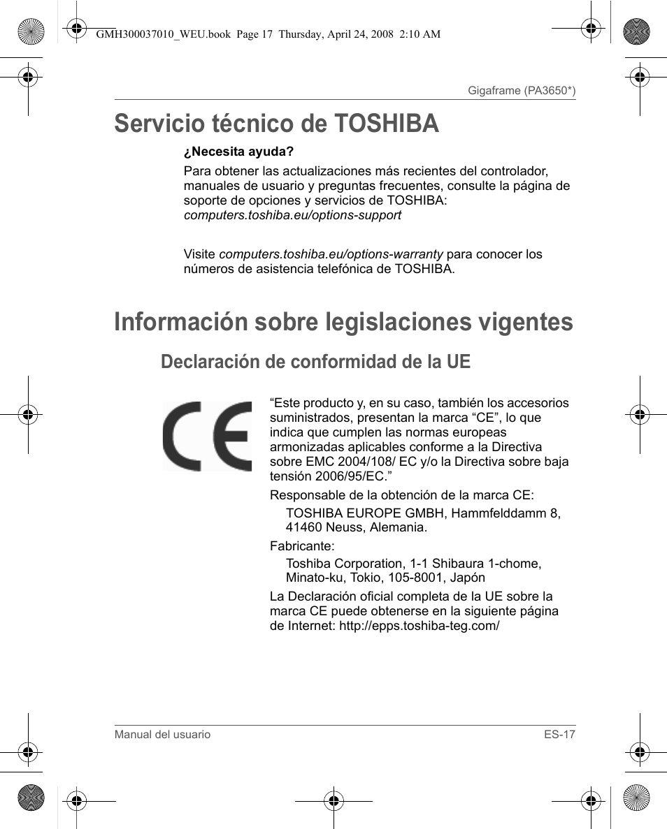 Servicio técnico de toshiba, Información sobre legislaciones vigentes, Declaración de conformidad de la ue | Toshiba Gigaframe Q-Series User Manual | Page 77 / 220