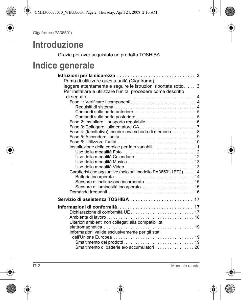 Introduzione, Indice generale | Toshiba Gigaframe Q-Series User Manual | Page 82 / 220