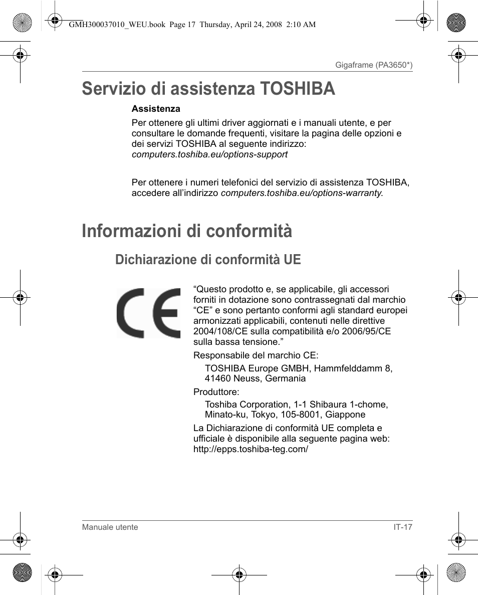 Servizio di assistenza toshiba, Informazioni di conformità, Dichiarazione di conformità ue | Toshiba Gigaframe Q-Series User Manual | Page 97 / 220