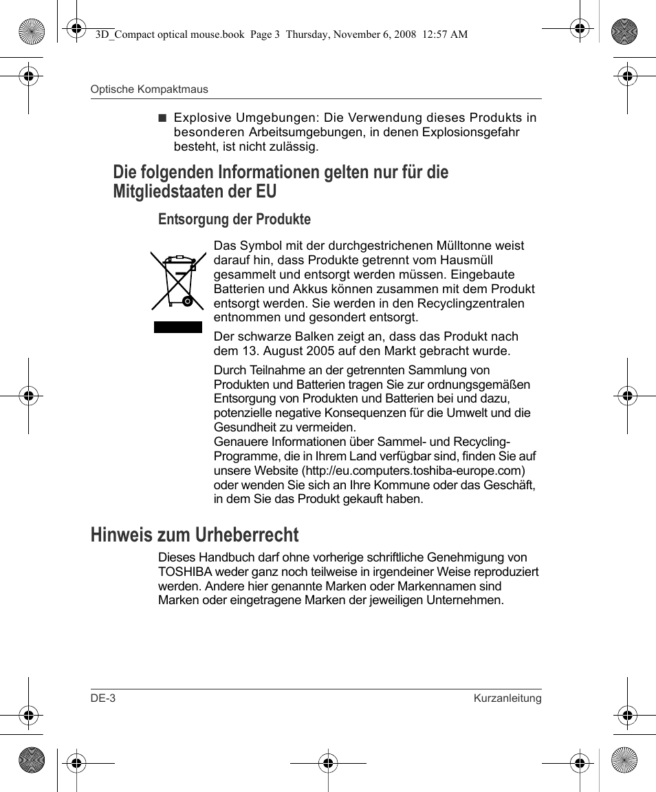 Hinweis zum urheberrecht | Toshiba Compact Optical Mouse User Manual | Page 10 / 68