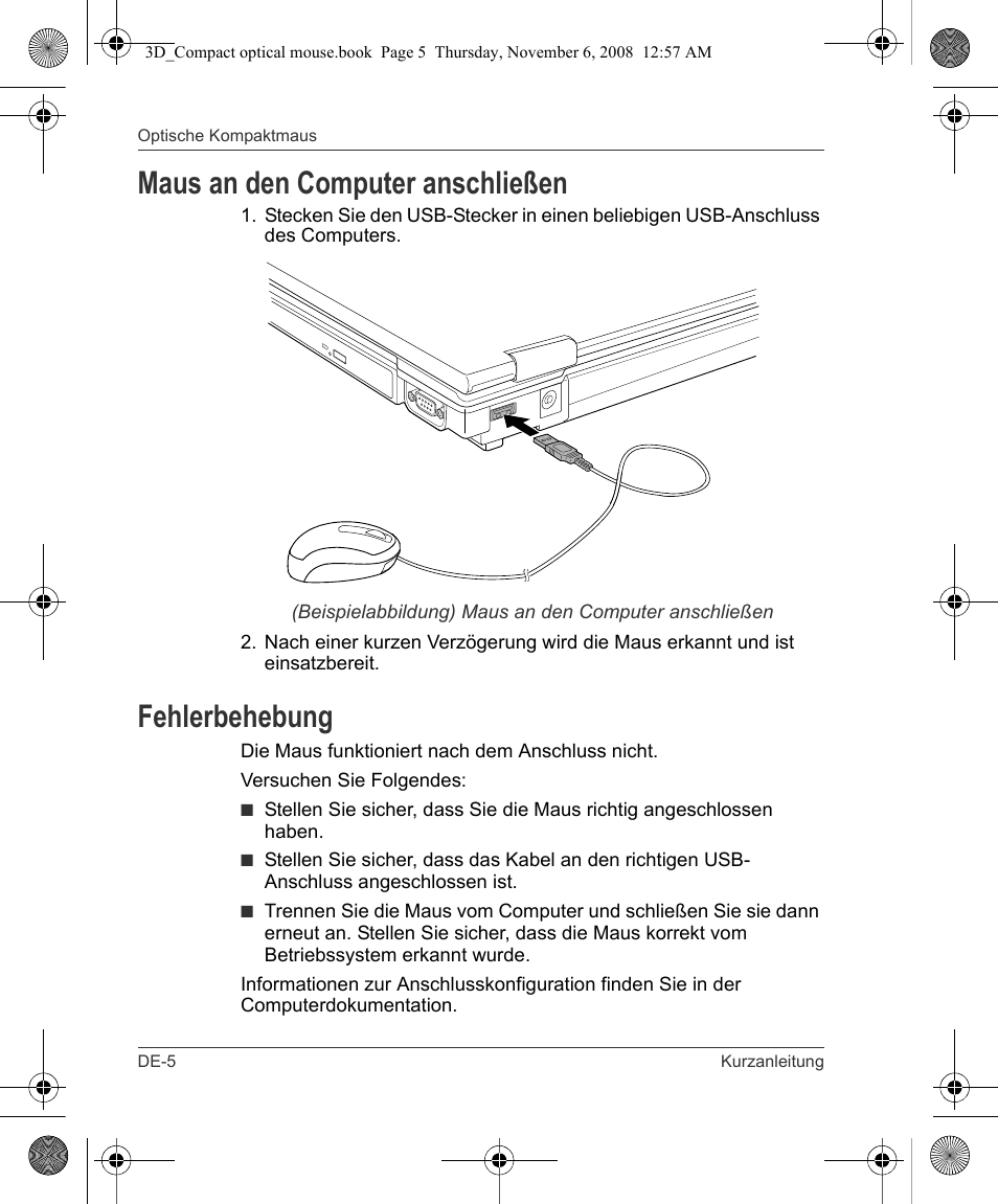 Maus an den computer anschließen, Fehlerbehebung | Toshiba Compact Optical Mouse User Manual | Page 12 / 68