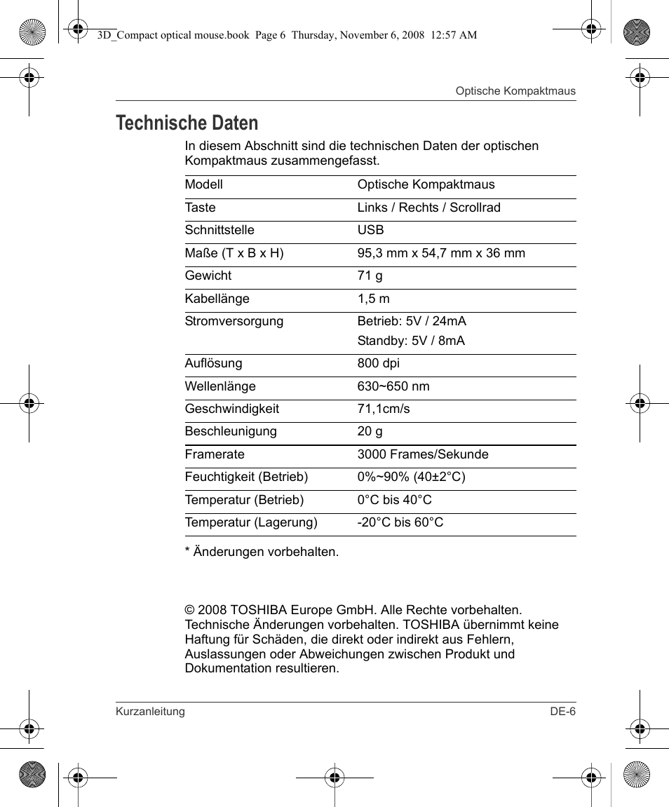 Technische daten | Toshiba Compact Optical Mouse User Manual | Page 13 / 68