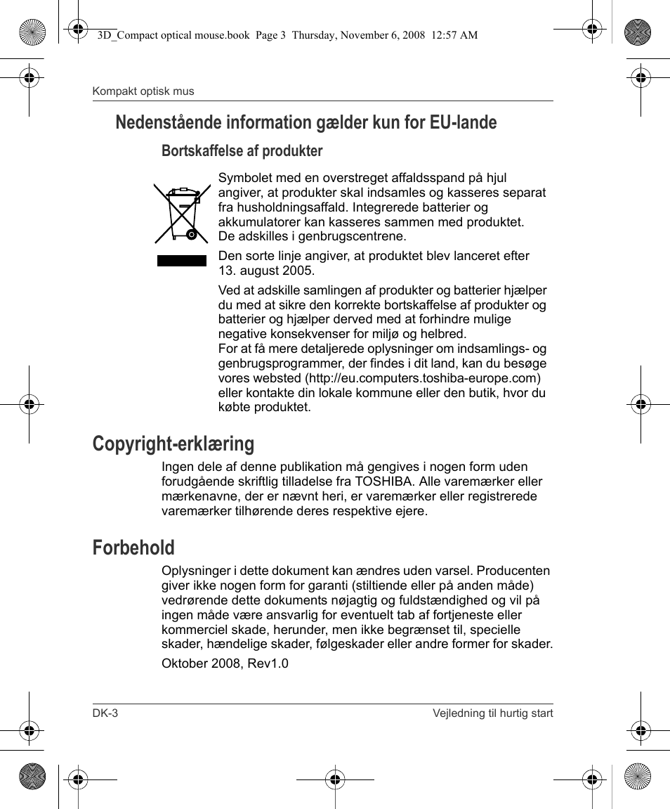 Copyright-erklæring, Forbehold, Nedenstående information gælder kun for eu-lande | Toshiba Compact Optical Mouse User Manual | Page 16 / 68