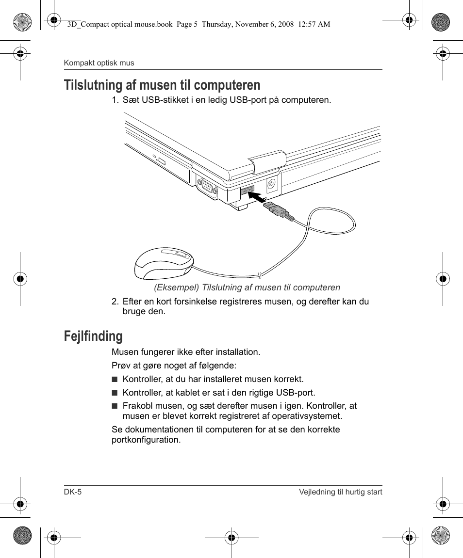 Tilslutning af musen til computeren, Fejlfinding | Toshiba Compact Optical Mouse User Manual | Page 18 / 68