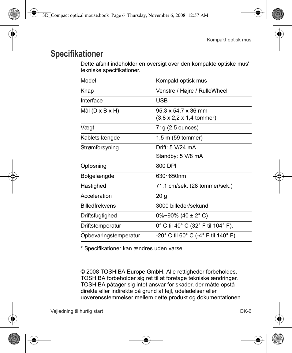 Specifikationer | Toshiba Compact Optical Mouse User Manual | Page 19 / 68