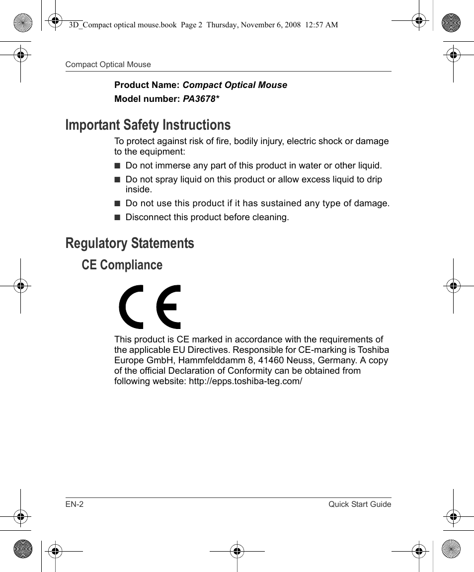Important safety instructions, Regulatory statements, Ce compliance | Toshiba Compact Optical Mouse User Manual | Page 2 / 68