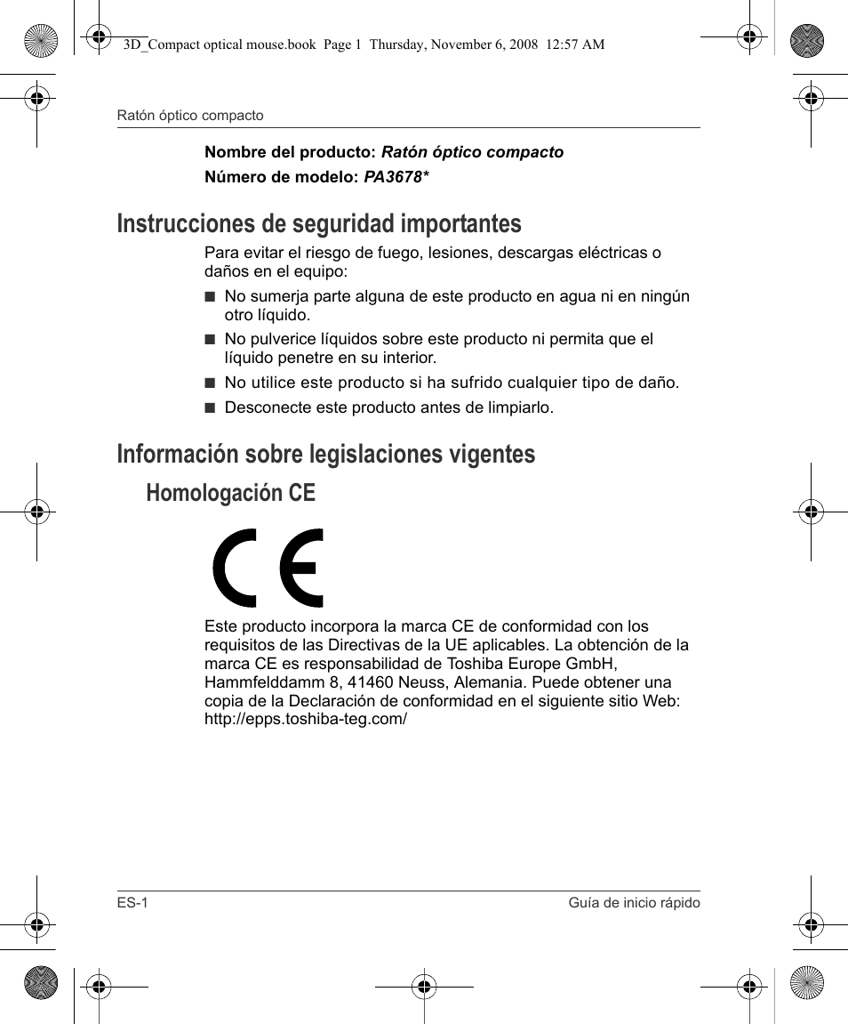 Instrucciones de seguridad importantes, Información sobre legislaciones vigentes, Homologación ce | Toshiba Compact Optical Mouse User Manual | Page 20 / 68