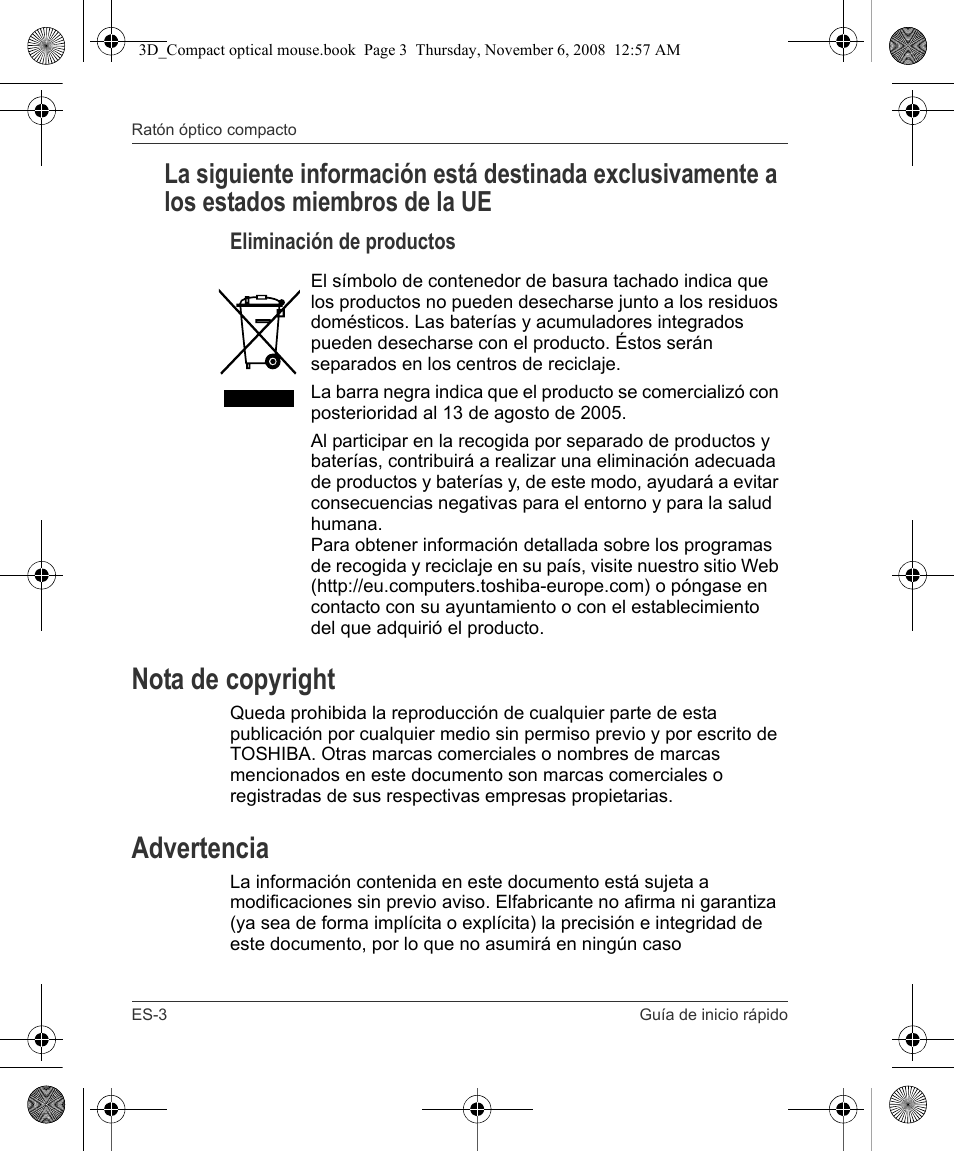 Nota de copyright, Advertencia | Toshiba Compact Optical Mouse User Manual | Page 22 / 68