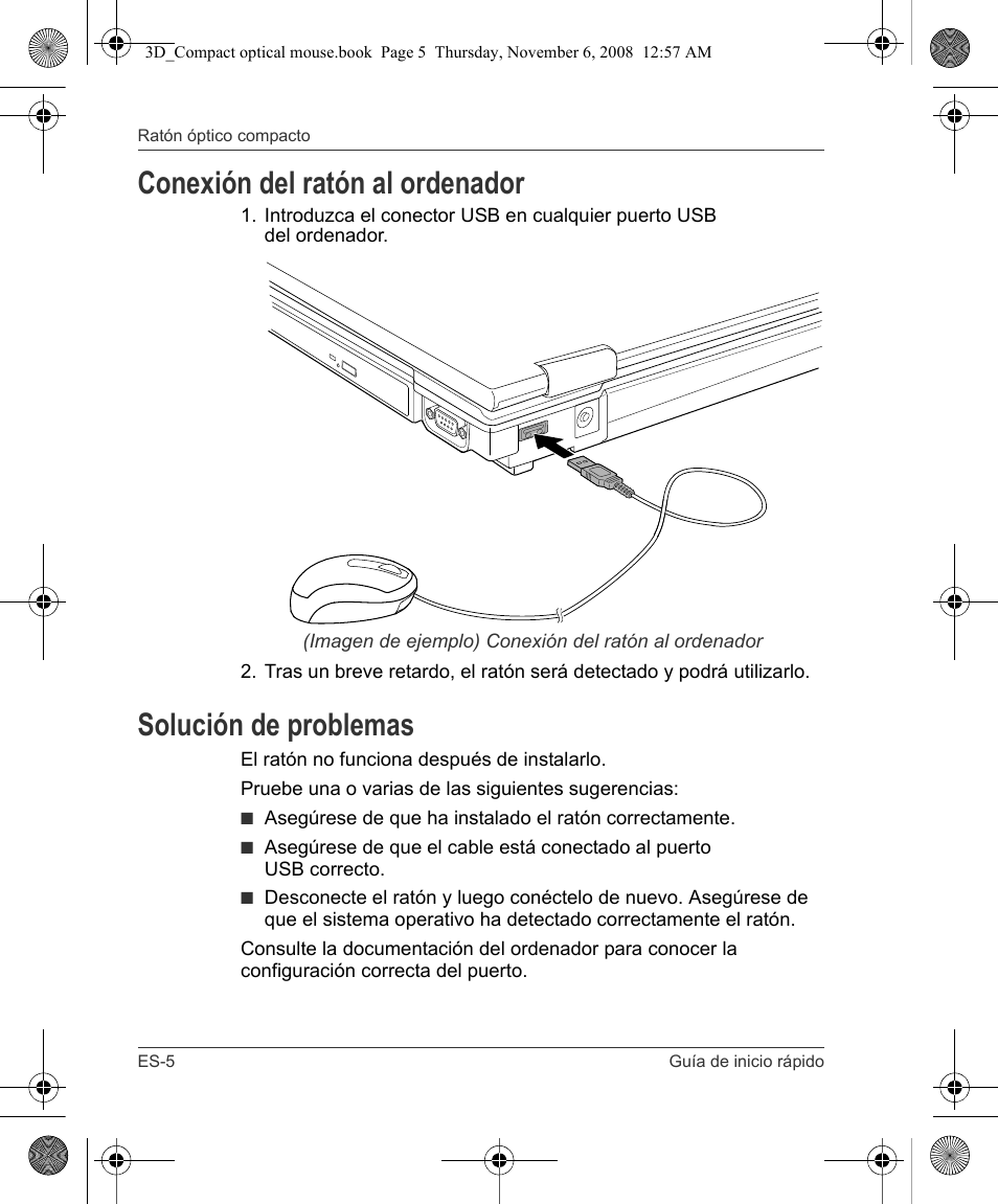 Conexión del ratón al ordenador, Solución de problemas | Toshiba Compact Optical Mouse User Manual | Page 24 / 68