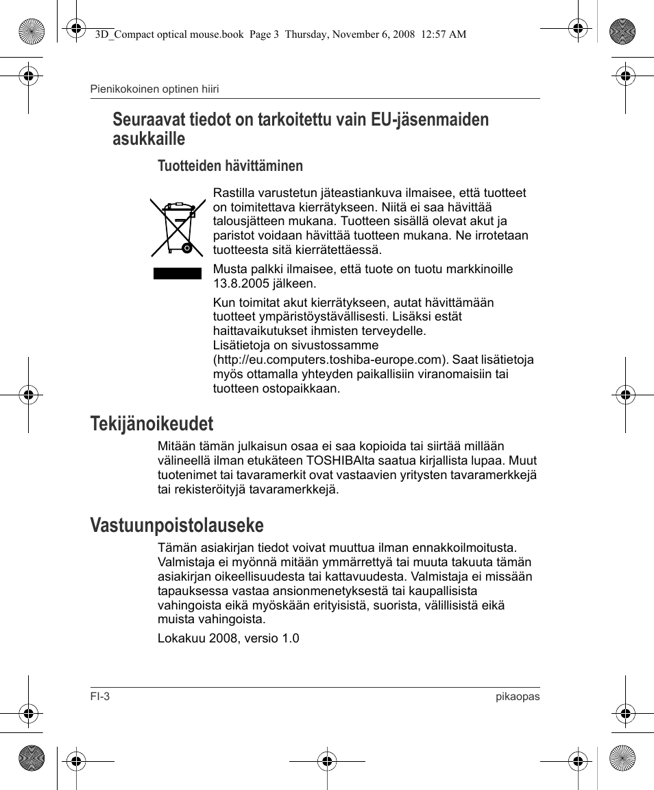 Tekijänoikeudet, Vastuunpoistolauseke | Toshiba Compact Optical Mouse User Manual | Page 28 / 68