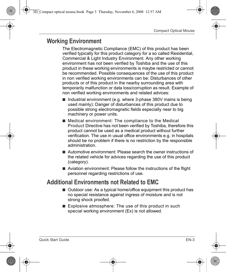 Working environment, Additional environments not related to emc | Toshiba Compact Optical Mouse User Manual | Page 3 / 68