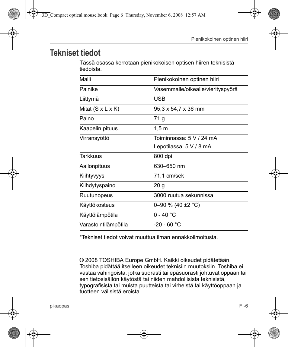 Tekniset tiedot | Toshiba Compact Optical Mouse User Manual | Page 31 / 68