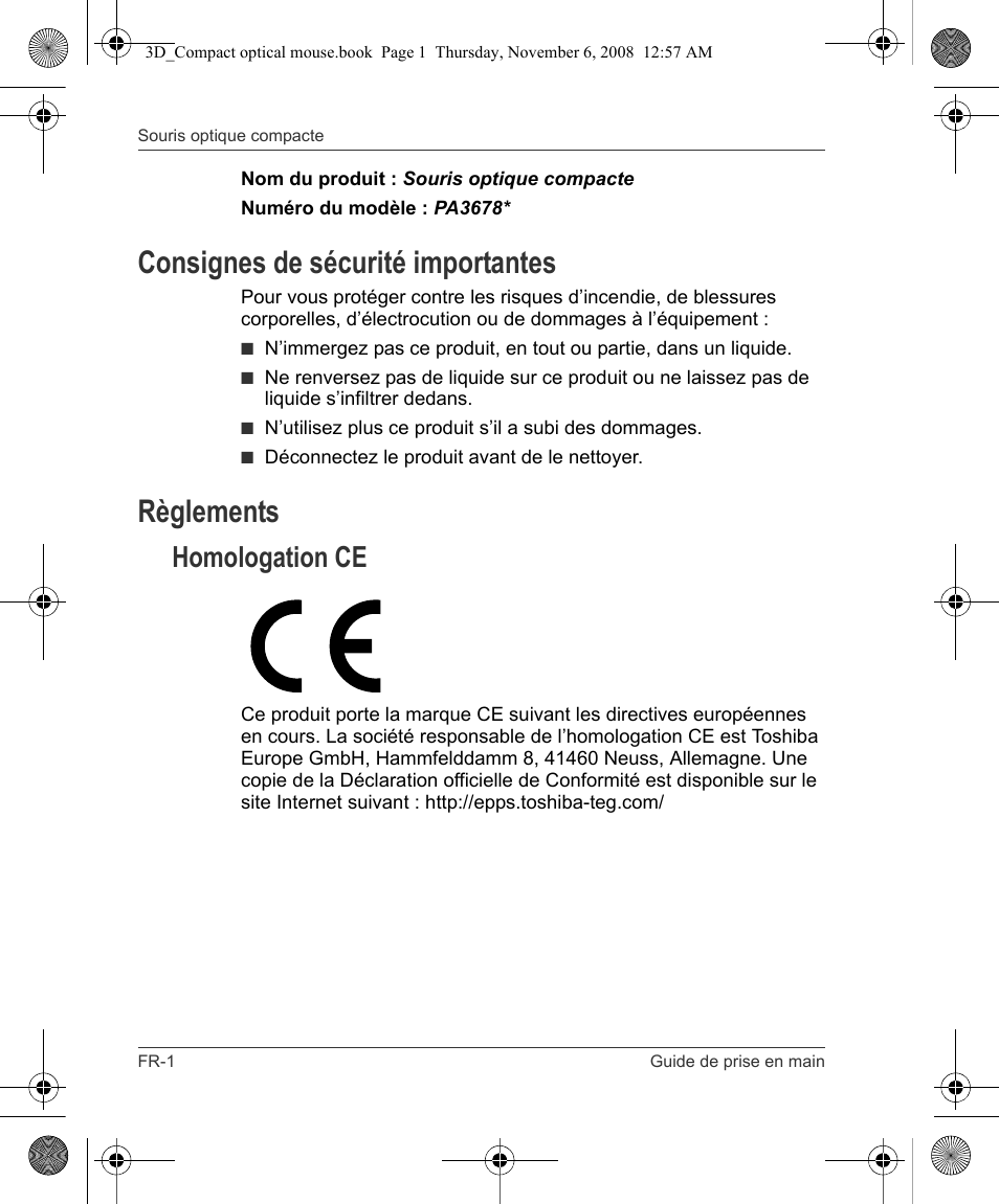 Consignes de sécurité importantes, Règlements, Homologation ce | Toshiba Compact Optical Mouse User Manual | Page 32 / 68