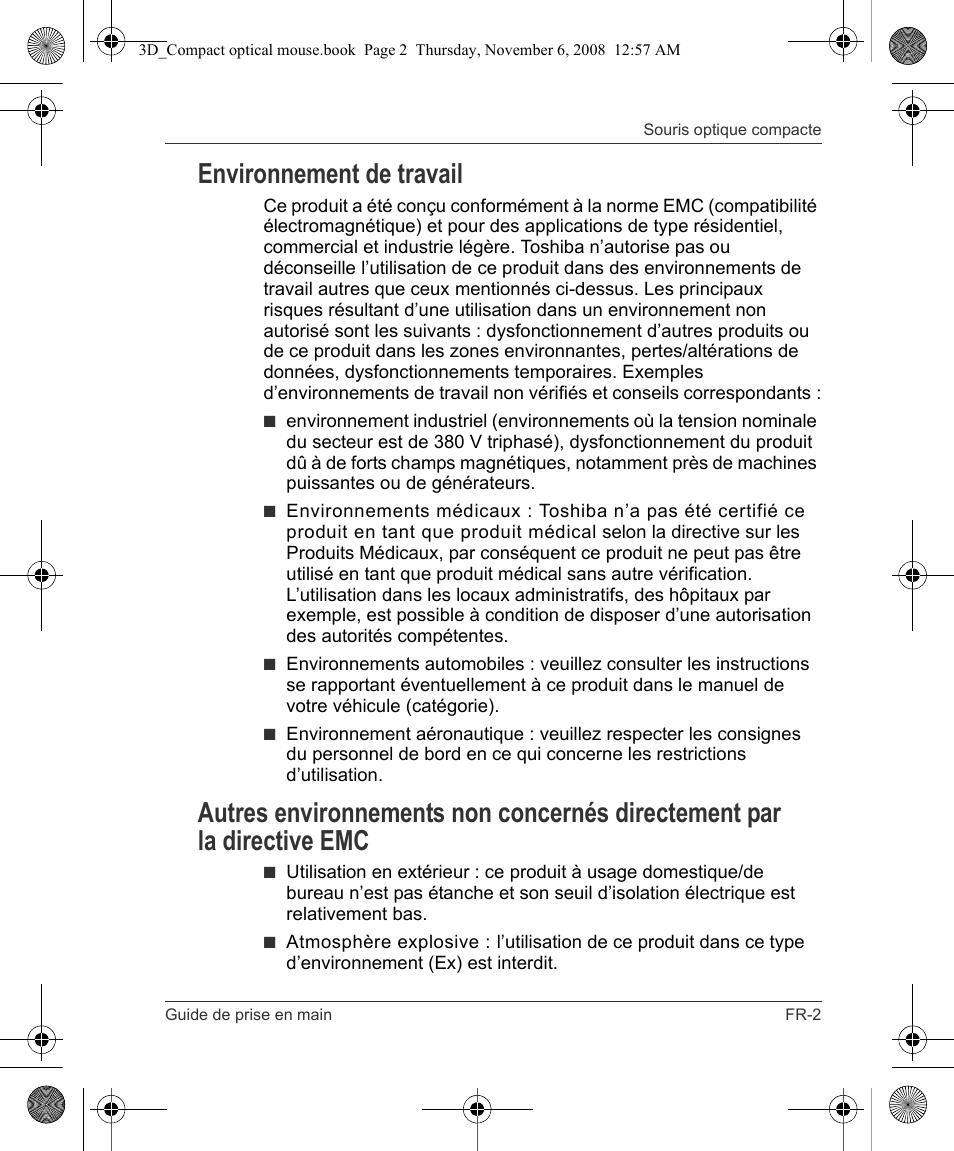 Environnement de travail | Toshiba Compact Optical Mouse User Manual | Page 33 / 68