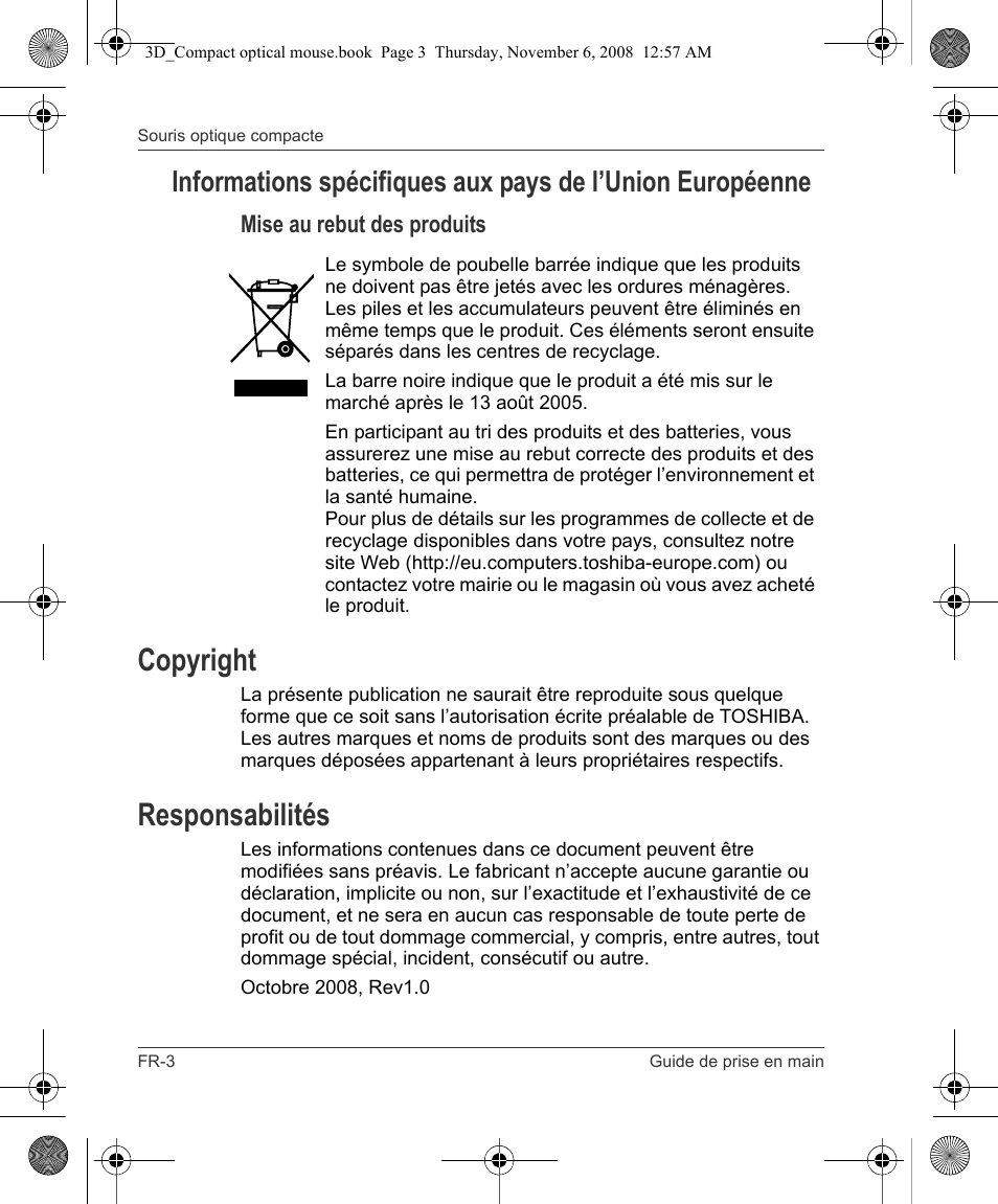 Copyright, Responsabilités | Toshiba Compact Optical Mouse User Manual | Page 34 / 68