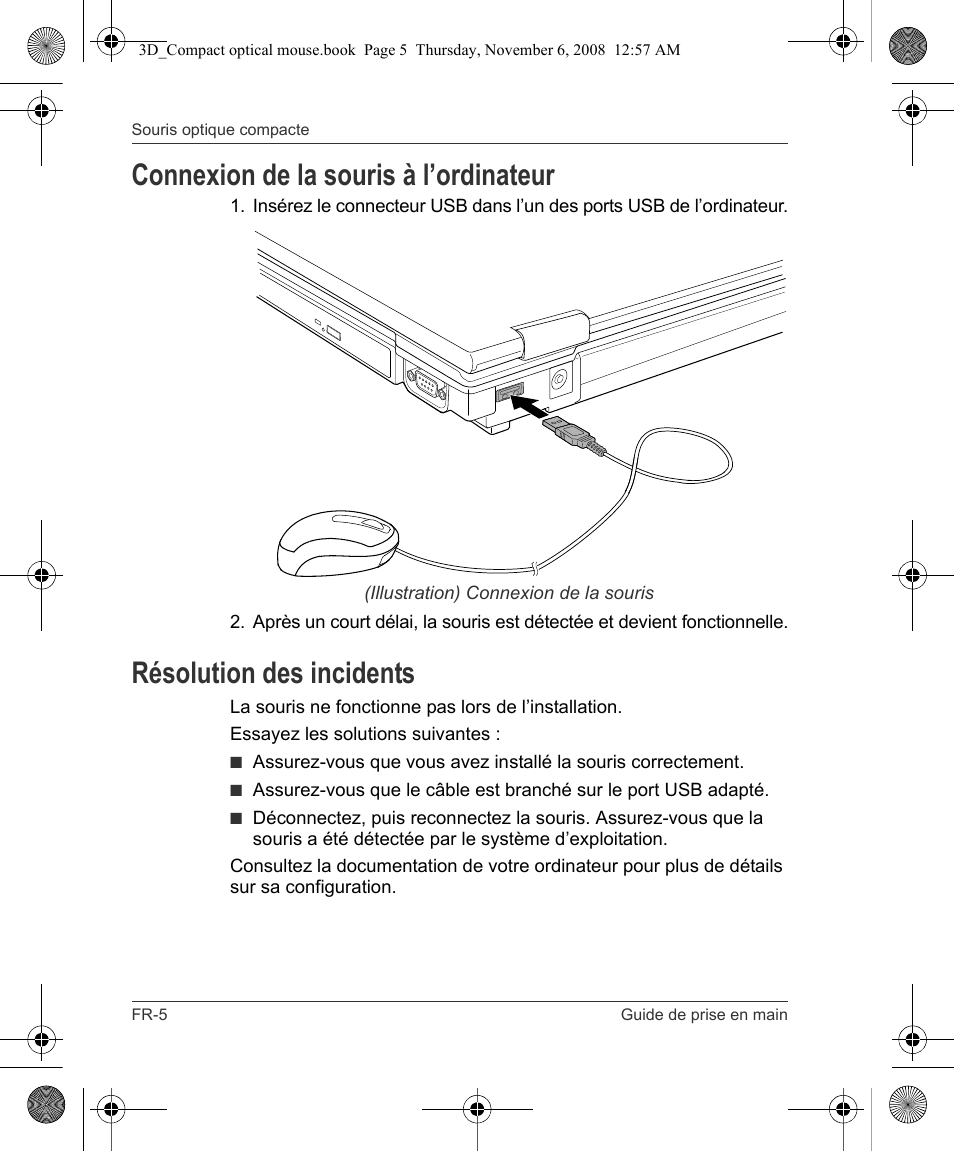 Connexion de la souris à l’ordinateur, Résolution des incidents | Toshiba Compact Optical Mouse User Manual | Page 36 / 68
