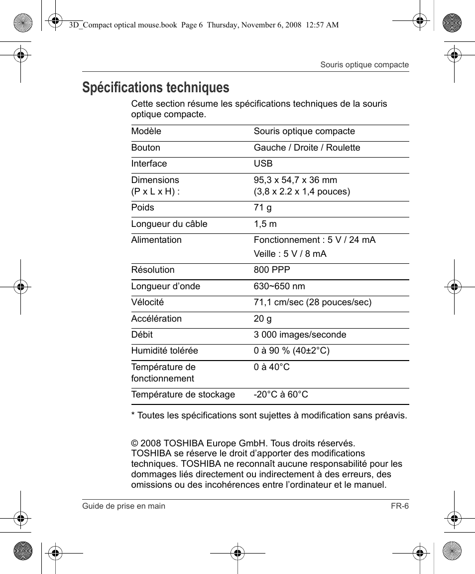 Spécifications techniques | Toshiba Compact Optical Mouse User Manual | Page 37 / 68