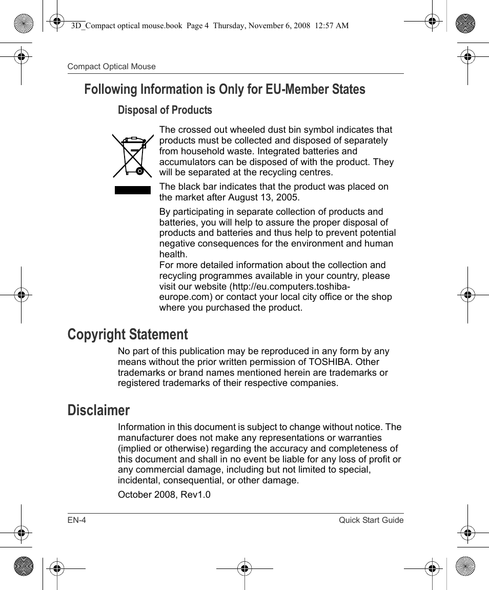 Copyright statement, Disclaimer, Following information is only for eu-member states | Toshiba Compact Optical Mouse User Manual | Page 4 / 68