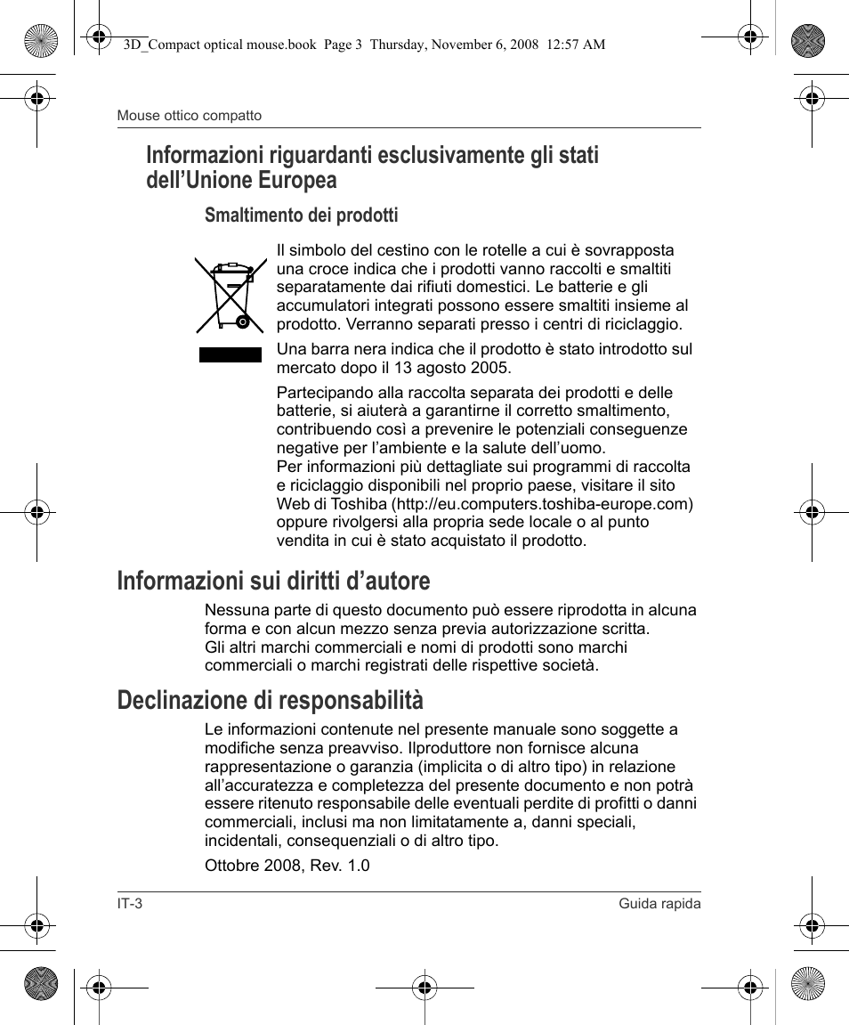 Informazioni sui diritti d’autore, Declinazione di responsabilità | Toshiba Compact Optical Mouse User Manual | Page 40 / 68