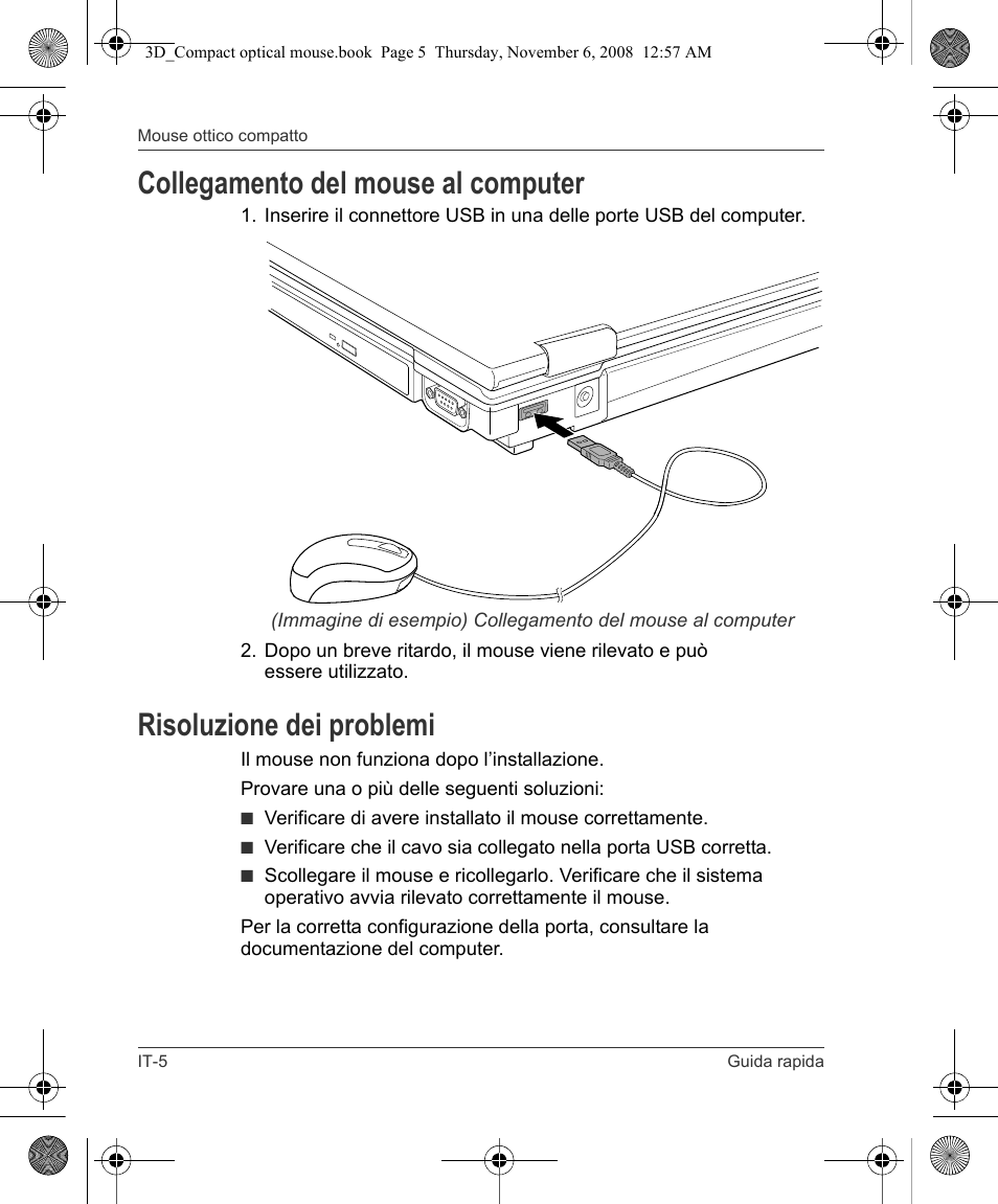 Collegamento del mouse al computer, Risoluzione dei problemi | Toshiba Compact Optical Mouse User Manual | Page 42 / 68