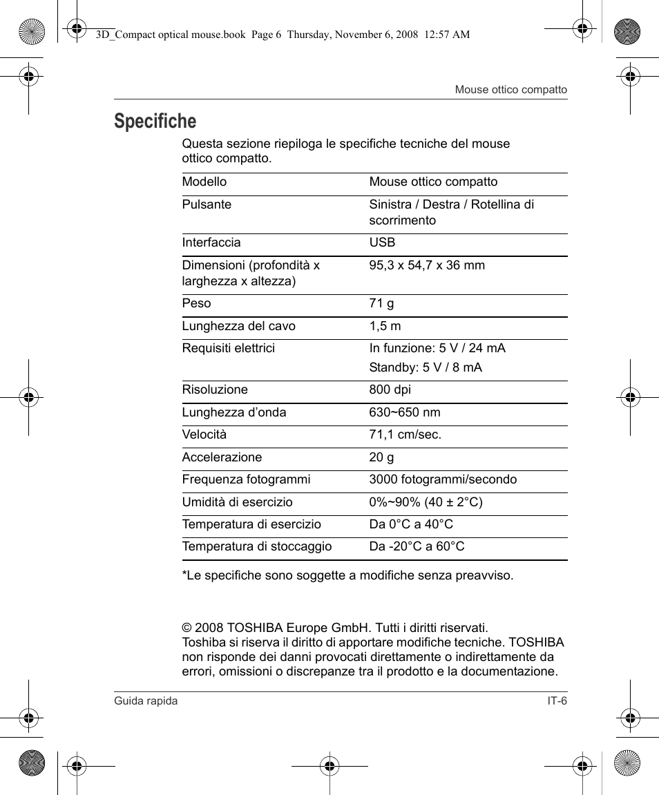 Specifiche | Toshiba Compact Optical Mouse User Manual | Page 43 / 68