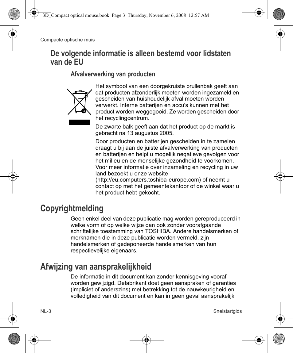 Copyrightmelding, Afwijzing van aansprakelijkheid | Toshiba Compact Optical Mouse User Manual | Page 46 / 68