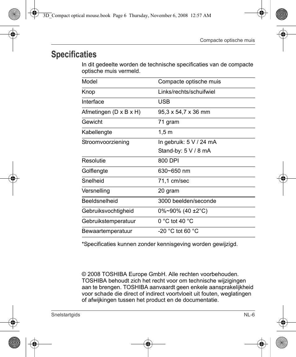 Specificaties | Toshiba Compact Optical Mouse User Manual | Page 49 / 68