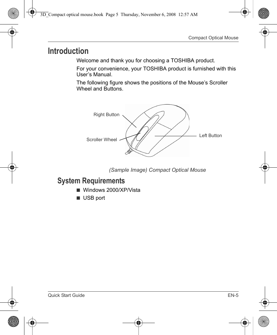 Introduction, System requirements | Toshiba Compact Optical Mouse User Manual | Page 5 / 68