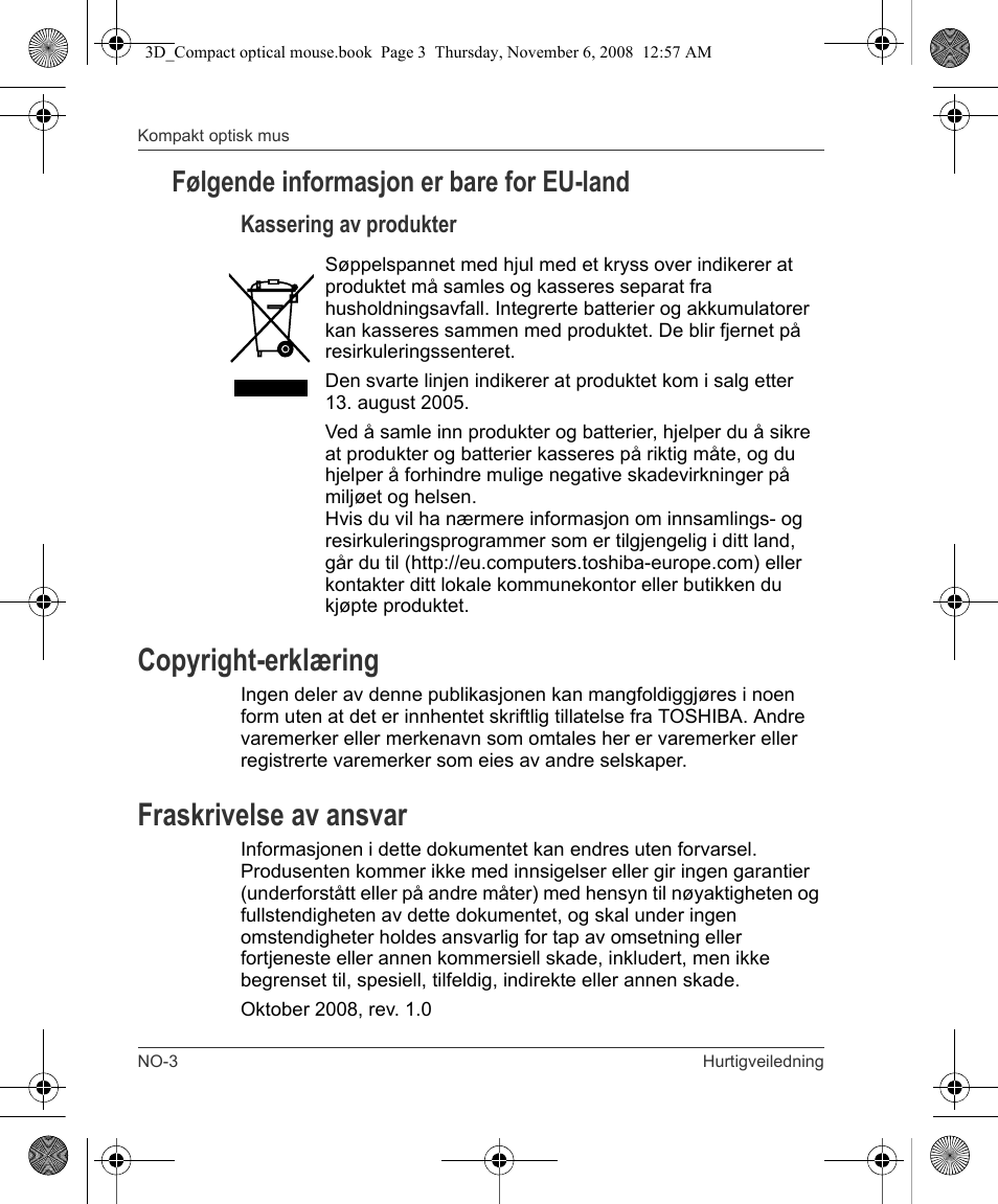 Copyright-erklæring, Fraskrivelse av ansvar, Følgende informasjon er bare for eu-land | Toshiba Compact Optical Mouse User Manual | Page 52 / 68