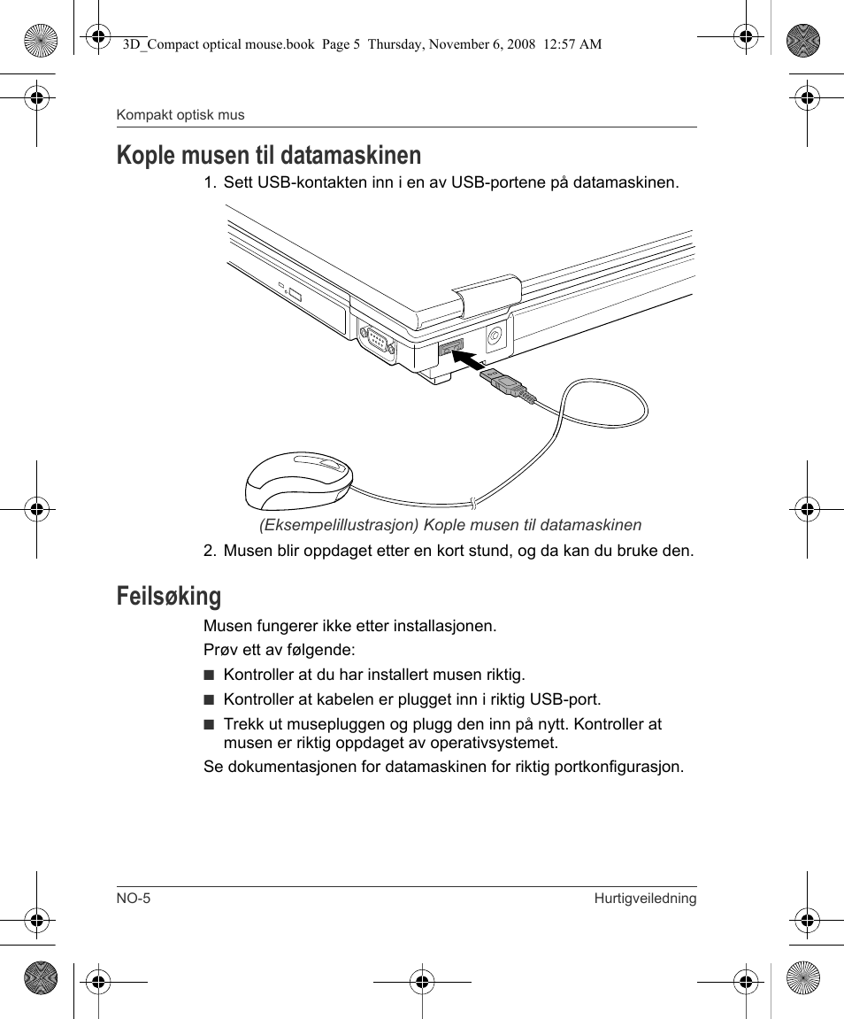 Kople musen til datamaskinen, Feilsøking | Toshiba Compact Optical Mouse User Manual | Page 54 / 68