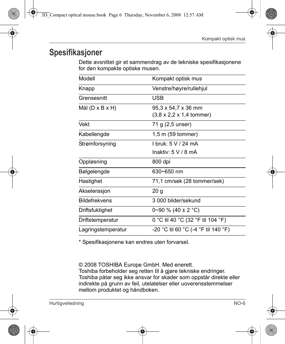 Spesifikasjoner | Toshiba Compact Optical Mouse User Manual | Page 55 / 68