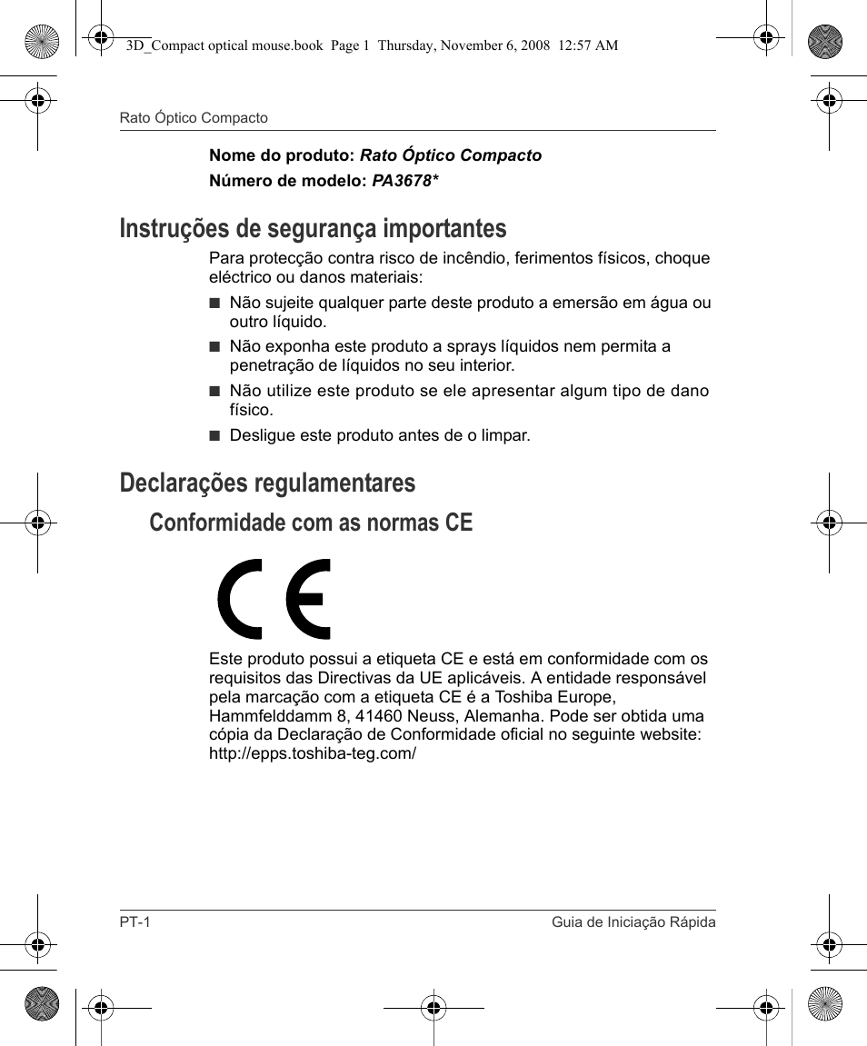 Instruções de segurança importantes, Declarações regulamentares, Conformidade com as normas ce | Toshiba Compact Optical Mouse User Manual | Page 56 / 68