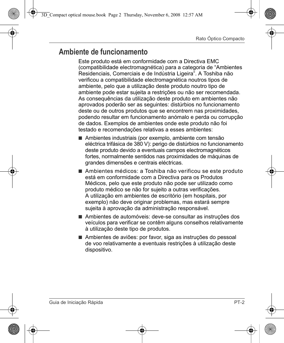 Ambiente de funcionamento | Toshiba Compact Optical Mouse User Manual | Page 57 / 68